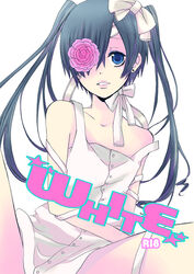  1boy 2525htmyuk bare_shoulders blue_eyes blue_hair buttons ciel_phantomhive ciel_phantomhive_(robin_dress) commentary_request cover cover_page crossdressing dress english_text flower hair_over_one_eye kuroshitsuji male_focus otoko_no_ko ribbon solo strap_slip sundress twintails 