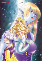  1990s_(style) 3girls arm_grab artist_request aulbath blonde_hair blue_skin bubble colored_skin dated fins gallon_(vampire) genderswap_(mtf) head_fins highres jedah_dohma light_purple_hair lipstick long_hair makeup mermaid midnight_bliss monster_girl multiple_girls orange_eyes outstretched_hand parted_lips pointy_ears purple_eyes red_eyes red_lips retro_artstyle rule_63 signature topless vampire_(game) very_long_hair wavy_hair 