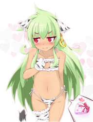  absurdres animal_ears animal_hands animal_print arm_behind_back blush cat_cutout cat_ear_panties cat_ears cat_lingerie cat_print clothing_cutout collarbone commentary_request earrings embarrassed female flat_chest gloves green_hair groin highres jewelry koihime_musou long_hair meme_attire moukaku navel oerba_yun_fang panties paw_gloves photoshop_(medium) print_panties red_eyes side-tie_panties simizu_makoto solo tail thigh_gap underwear very_long_hair 