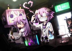  &lt;o&gt;_&lt;o&gt; +++ 4girls ^_^ alcohol_burner beaker black_hair blush chemicals chemistry closed_eyes coke-bottle_glasses commentary_request d-pad d-pad_hair_ornament flask glasses gloom_(expression) hair_ornament hair_ribbon jitome lab_coat long_hair mask mecha mizunashi_(second_run) mouth_mask multiple_girls musical_note nepgear nepgyaa neptune_(neptunia) neptune_(series) noire_(neptunia) open_mouth purple_hair red_eyes ribbon robot shin_jigen_game_neptune_vii short_hair siblings sisters smile smoke surgical_mask test_tube tripod_(laboratory) twintails two_side_up uni_(neptunia) wrench 