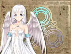  bare_shoulders blue_eyes brown_background center_frills cleavage_cutout clothing_cutout collarbone criss-cross_halter cuneiform detached_sleeves dress feathered_wings female frills hair_ornament halterneck iridescent light_blush long_hair long_sleeves official_art official_wallpaper panis_angelicus sega shining_(series) shining_ark source_request tony_taka watermark white_dress white_hair white_sleeves white_wings wide_sleeves wings 