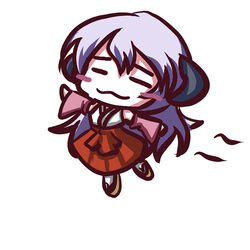  :3 blush_stickers chibi closed_eyes commentary_request female fictional_sister hanyuu higurashi_no_naku_koro_ni horns japanese_clothes miko purple_hair smile solo 