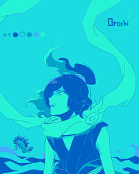  1boy air_bubble bad_id bad_pixiv_id bubble character_name color_guide fish gyakujouo holding holding_with_tail japanese_clothes knife limited_palette long_tongue male_focus monster_boy open_mouth orochi_(youkai_watch) photoshop_(medium) prehensile_tail romaji_text sleeveless solo tail tongue underwater upper_body wa_(wakana) youkai_(youkai_watch) youkai_watch 