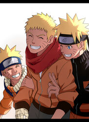  3boys age_comparison age_progression aged_down aged_up bad_id bad_pixiv_id bandaged_arm bandages blonde_hair blue_eyes closed_eyes forehead_protector grin kurohane male_focus multiple_boys multiple_persona naruto:_the_last naruto_(series) naruto_shippuuden scarf smile time_paradox uzumaki_naruto 