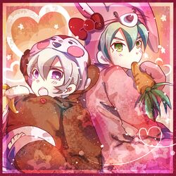  2boys bad_id bad_pixiv_id banana blush_stickers bow carrot fei_rune food fruit green_eyes green_hair heart hisate inazuma_eleven_(series) inazuma_eleven_go inazuma_eleven_go_chrono_stone male_focus monkey multiple_boys open_mouth purple_eyes rabbit saryuu_evan star_(symbol) 