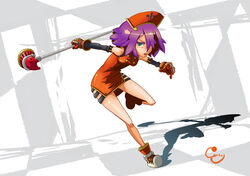  commentary_request cony_(la_locura) elbow_gloves female gloves hammer libra_(cony) original photoshop_(medium) purple_hair signature solo weapon 