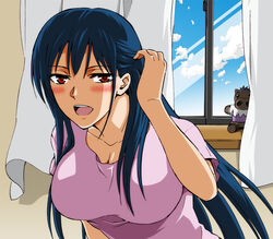  blue_hair blush dcd diamond_cut_diamond kenji_t1710 long_hair open_mouth red_eyes shigyou_yuuyami solo taguchi_kenji window 