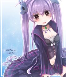  choker commentary_request female jewelry long_hair looking_at_viewer memento_(sennen_sensou_aigis) navel necklace open_mouth purple_hair sennen_sensou_aigis sitting solo thighhighs twintails yodori-san 