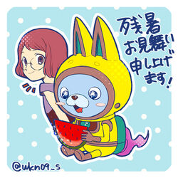  animal_ears bad_id bad_pixiv_id blue_background blush_stickers drooling female flat_color food fruit glasses halftone helmet misora_inaho photoshop_(medium) rabbit_ears short_hair smile spacesuit twitter_username upper_body usapyon wa_(wakana) watermelon youkai_(youkai_watch) youkai_watch zanshomimai 