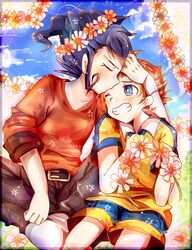  2boys bad_id bad_pixiv_id belt blue_eyes blue_hair blush brown_hair closed_eyes cloud flower hisate inazuma_eleven_(series) inazuma_eleven_go male_focus matsukaze_tenma multiple_boys one_eye_closed raimon sitting sky soccer_uniform sportswear tsurugi_kyousuke 