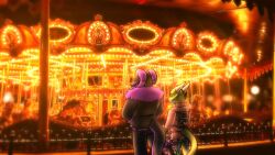  16:9 amusement_ride anthro backpack black_body carousel clothing date dragon duo forrestsleeth goo_creature green_eyes hi_res horn lights magenta_body male male/male mythological_creature mythological_scalie mythology neeco_neecoola night romantic scalie size_difference spike_ball standing suchlambada17 widescreen 