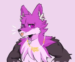  6:5 anthro black_body canid canine delphox ear_tuft fox generation_6_pokemon gold_(metal) gold_jewelry goo_creature jewelry magenta_body magenta_eyes male mammal neeco_neecoola nintendo pink_body pokemon pokemon_(species) solo tongue tongue_out tuft unknown_artist 