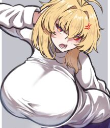  alternate_breast_size_(larger) anger_vein angry arcueid_brunestud arm_behind_back black_pantyhose blonde_hair blush breast_focus breasts colored_sclera commentary cropped crossed_legs english_commentary female foreshortening grey_background hair_between_eyes hair_intakes hand_in_own_hair hanging_breasts heterochromia huge_breasts leaning_forward long_skirt looking_at_viewer mystic_eyes_of_enchantment oerba_yun_fang open_mouth pantyhose purple_skirt red_arcueid red_eyes red_sclera short_hair side_slit sidelocks skirt solo sweater tsukihime tsukihime_(remake) turtleneck turtleneck_sweater vampire vinsycal white_sweater yellow_eyes 