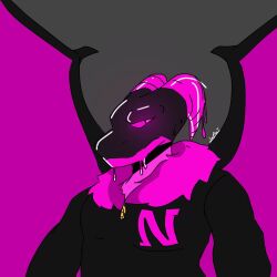  1:1 black_body clothing dragon dripping fluffy_hood goo_creature horn initial_letter jacket magenta_body magenta_eyes male mythological_creature mythological_scalie mythology neeco_neecoola scalie slime solo topwear unknown_artist wings 