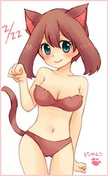  animal_ears bikini blush breasts brown_hair cat_day cat_ears catgirl cleavage female hagino_aki hair human human_only kemonomimi_mode may_(pokemon) navel nintendo pawprint plain_background pokemon skimpy smile solo teal_eyes video_games white_background 