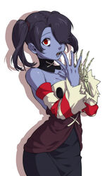  bare_shoulders blue_skin blush detached_collar detached_sleeves female ganno hair_over_one_eye red_eyes skullgirls squigly_(skullgirls) stitched_mouth stitches striped_sleeves twintails zombie 