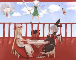  5girls blazblue blonde_hair blood blue_hair commentary_request cosplay costume_switch crossover grey_hair hakumen hakumen_(cosplay) hazama iron_tager izayoi_sakuya kazami_yuuka kazami_yuuka_(cosplay) konpaku_youmu konpaku_youmu_(ghost) long_hair multiple_girls nosebleed rachel_alucard rachel_alucard_(cosplay) red_eyes remilia_scarlet remilia_scarlet_(cosplay) shize_(coletti) touhou translation_request twintails 