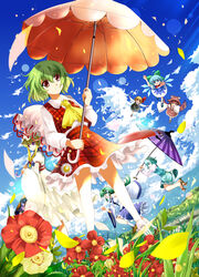  &gt;_&lt; 6+girls animal_ears ankle_socks aqua_hair aqua_skirt aqua_vest ascot blonde_hair blue_eyes blue_hair blue_skirt blue_sky blue_wings bow brown_footwear brown_headwear chasing cirno closed_eyes closed_mouth cloud collared_shirt commentary_request day detached_sleeves dress dutch_angle field flower flower_field flying frilled_skirt frills frog_hair_ornament geta grass green_bow green_hair hair_between_eyes hair_ornament hair_tubes hairbow hat hat_ribbon highres holding holding_umbrella juliet_sleeves karakasa_obake kazami_yuuka kneehighs kochiya_sanae lens_flare long_hair long_sleeves mob_cap multiple_girls mystia_lorelei no_socks open_mouth outdoors parasol petals photoshop_(medium) pink_hair plaid plaid_skirt plaid_vest plant puffy_sleeves red_eyes red_flower red_ribbon red_skirt red_vest ribbon role_reversal rumia running sandals shirt shoes short_hair sidelocks skirt skirt_set sky smile snake_hair_ornament socks split_mouth standing sunlight tabard tatara_kogasa tongue touhou trait_connection umbrella usuusu vest white_dress white_headwear white_shirt white_sleeves white_socks wide_sleeves wind wing_collar winged_hat wings yakumo_yukari yellow_ascot 