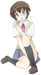  :d brown_hair commentary_request female glasses grey_eyes kneehighs loafers nekono_osero open_mouth ore_no_imouto_ga_konna_ni_kawaii_wake_ga_nai photoshop_(medium) school_uniform shoes short_hair smile socks solo sweater_vest tamura_manami 