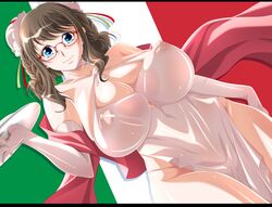  aoi_nagisa_(metalder) breasts brown_hair bun_cover covered_nipples datsui_mahjong_battle_royal_48 female flag flag_background game_cg glasses italian_flag large_breasts laura_(battle_royal_4) letterboxed see-through solo techgian 