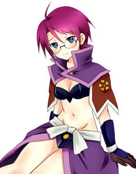  ahoge akechi_mitsuhide_(sengoku_otome) armor blue_eyes blush breasts capelet cleavage frown glasses midriff purple_hair sengoku_otome short_hair sitting 