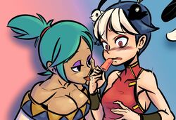  2girls absurdres animal animal_on_head bare_shoulders big-d bird bird_on_head black_hair blush bracer breasts cerebella_(skullgirls) chinese_clothes cleavage commentary_request dark-skinned_female dark_skin detached_sleeves dripping embarrassed eyeshadow feathers feng_(skullgirls) food green_hair highres large_breasts licking makeup multicolored_hair multiple_girls no_headwear on_head popsicle red_eyes short_hair short_ponytail skullgirls small_breasts two-tone_hair white_hair 