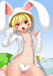  animal_hood animal_print ayase_tamaki bad_id bad_pixiv_id blonde_hair blush_stickers clenched_hands female front-print_panties gradient_background highres hood hoodie open_clothes open_hoodie open_mouth original panties pillow print_panties rabbit_hood rabbit_print red_eyes short_hair simple_background sitting solo tears underwear wariza white_panties 