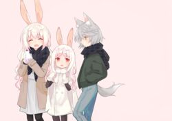  3girls alternate_hair_length alternate_hairstyle animal_ears blush casual coat commentary_request denim gradient_hair grey_hair highres jacket jeans kirara_ookami kyuuri_(miyako) long_hair mittens multicolored_hair multiple_girls open_mouth pants pantyhose pink_hair pop-up_story rabbit_ears rabbit_girl red_eyes rita_drake ruri_ookami scarf short_hair siblings sisters smile tail white_hair wolf_ears wolf_girl wolf_tail yellow_eyes 