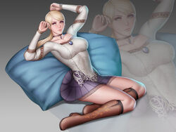  audia_pahlevi blonde_hair blue_eyes boots breasts demento female female fiona_belli knee-boots large_breasts looking_at_viewer pillow reclining short_dress solo 