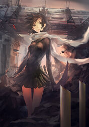  aituoku bad_id bad_pixiv_id black_dress bridge brown_eyes brown_hair dogs:_bullets_&amp;_carnage dress female fuyumine_naoto highres katana photoshop_(medium) ruins scarf short_hair solo sword train weapon 