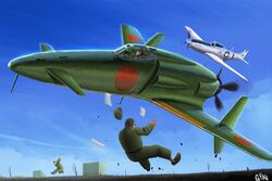  3boys aerial_battle aircraft airplane artist_name battle building commentary_request day gyan_(akenosuisei) hat horizon j7w_shinden male_focus military multiple_boys original p-51_mustang pilot propeller signature sky vehicle_focus wind world_war_ii 