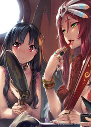  2girls applying_makeup armlet black_hair blush breasts cleavage collar commentary_request cosmetics fingernails green_eyes hand_mirror headdress holding holding_lipstick_tube holding_mirror indoors jewelry large_breasts lipstick lipstick_tube lobster lukkage_(suisei_no_gargantia) makeup mirror multiple_girls nail_polish parinuri parted_lips photoshop_(medium) red_eyes red_hair ring sasaoka_gungu suisei_no_gargantia 