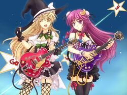  2girls adapted_costume alternate_hairstyle bad_id bad_pixiv_id bare_shoulders black_legwear blonde_hair bow braid breasts chains cleavage crescent crescent_hair_ornament dice double_bun electric_guitar fingerless_gloves gloves guitar hair_bun hair_ornament hairbow hat highres holding holding_instrument instrument kirisame_marisa long_hair medium_breasts mickey_dunn multiple_girls one_eye_closed patchouli_knowledge purple_eyes purple_hair silk single_braid skirt spider_web thighhighs touhou very_long_hair witch_hat wrist_cuffs yellow_eyes zettai_ryouiki 