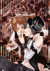  2boys alice_in_wonderland black_hair brown_eyes brown_hair eating mad_hatter march_hare multiple_boys open_mouth yaoi 