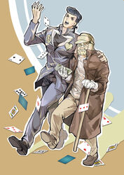  2boys ^_^ absurdres ace_(playing_card) ace_of_hearts age_difference arm_around_shoulder beard black_eyes blonde_hair blue_hair cane card closed_eyes club_(shape) coat commentary_request diamond_wa_kudakenai facial_hair father_and_son floating_card full_body gakuran glasses gloves hand_up happy hat heart higashikata_josuke high_collar highres holding holding_money jack_(playing_card) jack_of_clubs_(playing_card) jojo_no_kimyou_na_bouken joseph_joestar joseph_joestar_(old) king_(playing_card) king_of_clubs loafers long_coat male_focus money multiple_boys open_clothes open_coat outline pants peace_symbol pince-nez playing_card pompadour queen_(playing_card) queen_of_clubs school_uniform shadow shicewlysml shoes spade_(shape) trench_coat walking white_gloves 