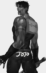  1boy backpack bag birthmark commentary_request emg_(christain) greyscale joestar_birthmark jojo_no_kimyou_na_bouken jonathan_joestar luck_and_pluck male_focus manly monochrome phantom_blood photoshop_(medium) realistic solo star_(symbol) sword weapon 