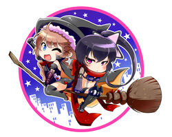  2girls :&lt; ;d black_footwear black_hair black_legwear blush boots braid breasts broom broom_riding brown_hair building cape chibi clenched_hand closed_mouth commentary_request earrings frown geta gloves hair_between_eyes hair_ornament hat high_heels holding houshi jewelry legs_up long_hair mahou_shoujo_ikusei_keikaku mahou_shoujo_ikusei_keikaku_unmarked medium_breasts multiple_girls multiple_riders navel ninja one_eye_closed open_mouth outstretched_arm pouch purple_eyes ripple_(mahoiku) side_ponytail sidesaddle smile star_(symbol) star_earrings star_print tengu-geta thigh_boots thighhighs top_speed twin_braids v-shaped_eyebrows white_background witch witch_hat x_hair_ornament 