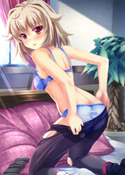  arcana_heart arcana_heart_3 ass bed black_pantyhose blonde_hair blue_bra blush bra butt_crack clothes_pull commentary_request dimples_of_venus female kazumasa kneeling lingerie looking_back on_bed open_mouth panties pantyhose pantyhose_pull photoshop_(medium) pillow polka_dot red_eyes solo torn_clothes torn_pantyhose underwear undressing weiss window 