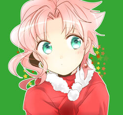  1boy androgynous blue_eyes commentary_request earrings green_background green_eyes jewelry jojo_no_kimyou_na_bouken male_focus pink_hair santa_costume solo star_(symbol) sugimoto_surume 