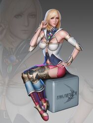  ashelia_b&#039;nargin_dalmasca audia_pahlevi bangs bare_shoulders blonde_hair blue_eyes boots breasts female final_fantasy final_fantasy_xii hand_on_hip hand_up knee_boots lips looking_at_viewer miniskirt shirt short_hair side_slit sitting skirt sleeveless sleeveless_shirt solo thighhighs zettai_ryouiki 