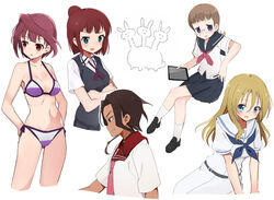  5girls akado_harue bikini blonde_hair blue_eyes blunt_bangs brown_hair chestnut_mouth commentary_request cropped_legs crossed_arms funakubo_hiroko glasses green_eyes hair_bun long_hair megan_davin miyamori_school_uniform multiple_girls navel necktie oohoshi_awai open_mouth purple_eyes red_eyes red_hair ribbon saki_(manga) saki_achiga-hen school_uniform senriyama_school_uniform shiraitodai_school_uniform shisoneri short_hair side-tie_bikini_bottom single_hair_bun swimsuit usuzawa_sae 