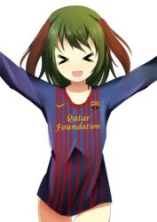  &gt;_&lt; animal_ears arms_up closed_eyes commentary_request dog_ears fc_barcelona female green_hair happy highres kasodani_kyouko la_liga naked_shirt open_mouth shirt short_hair simple_background soccer solo sunyuqian touhou white_background 