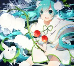  bun_cover capelet commentary_request cowboy_shot creature double_bun dress female floral_dress flower fur-trimmed_capelet fur_trim green_eyes green_hair hair_bun hair_flower hair_ornament hatsune_miku highres holding holding_flower komadori_ui lily_of_the_valley long_hair oversized_flower rabbit_yukine rowan smile snowflakes thighhighs vocaloid white_dress white_flower yuki_miku yuki_miku_(2015) 