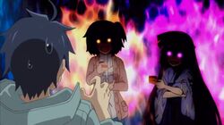  2girls akatsuki_(log_horizon) animated animated black_hair brown_hair cake flames food glowing glowing_eyes japanese_clothes kimono log_horizon long_hair minori_(log_horizon) multiple_girls open_mouth shiroe short_hair sweat_beads sweater vapor 