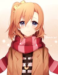  bad_id bad_twitter_id blue_eyes blush bow coat crying crying_with_eyes_open eien_friends female flat_chest frown gradient_background hair_between_eyes hairbow highres jewelry kosaka_honoka light_particles looking_at_viewer love_live! love_live!_school_idol_project necklace one_side_up open_clothes open_coat orange_hair parted_bangs pendant raised_eyebrows sad sakura_yuki_(clochette) scarf shirt short_hair solo striped tears twitter_username upper_body winter_clothes winter_coat 