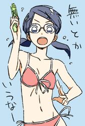  bikini blue_eyes blue_hair collarbone female front-tie_top glasses navel open_mouth short_twintails side-tie_bikini swimsuit takken_(kupipo) translation_request twintails water_gun 