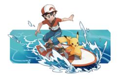  1boy :3 artist_request backpack bag baseball_cap black_eyes black_hair blue_shorts blush_stickers chase_(pokemon) commentary english_commentary full_body hand_up happy hat highres lolicon male_focus official_art open_mouth outline outstretched_arm pikachu poke_ball_symbol poke_ball_theme pokemon pokemon_(creature) pokemon_lgpe red_hat red_shirt shirt shoes short_hair short_sleeves shorts smile standing surfboard surfing surfing_pikachu transparent_background undershirt water white_outline yellow_footwear 