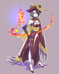  chinese_clothes cinder_fall cleavage_cutout clothing_cutout commentary cosplay elbow_gloves female fire gloves iesupa jiangshi jiangshi_costume lei_lei lei_lei_(cosplay) ofuda rwby scar scar_across_eye scar_on_face solo vampire_(game) 