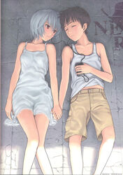  1boy ayanami_rei binding_discoloration blue_eyes blue_hair breasts brown_hair cassette_player closed_eyes doujinshi earbuds earphones female highres holding_hands homunculus_(alchemynote) ikari_shinji looking_at_another neon_genesis_evangelion red_eyes scan shared_earphones short_hair small_breasts 