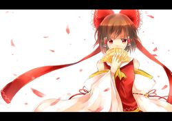  ascot bell bow commentary_request covering_own_mouth detached_sleeves female hair_tubes hairbow hakurei_reimu highres letterboxed looking_at_viewer partial_commentary petals red_bow red_eyes ribbon-trimmed_sleeves ribbon_trim simple_background solo sunyuqian talisman touhou upper_body white_background 